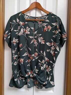 West Kei Floral Front Knot V-Neck Top - Dark Green Short Sleeve - Size L